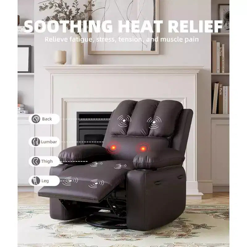 Fauteuil inclinable électrique Acekool avec chauffage et massage, fonction pivotante et bascule, port USB, porte-gobelets, poches latérales, siège extra-large, pour salon