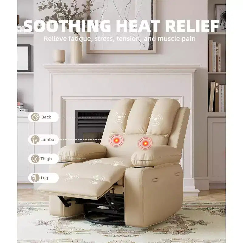 Fauteuil inclinable électrique Acekool avec chauffage et massage, fonction pivotante et bascule, port USB, porte-gobelets, poches latérales, siège extra-large, pour salon