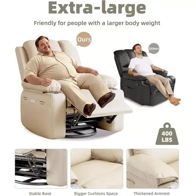 Fauteuil inclinable électrique Acekool avec chauffage et massage, fonction pivotante et bascule, port USB, porte-gobelets, poches latérales, siège extra-large, pour salon