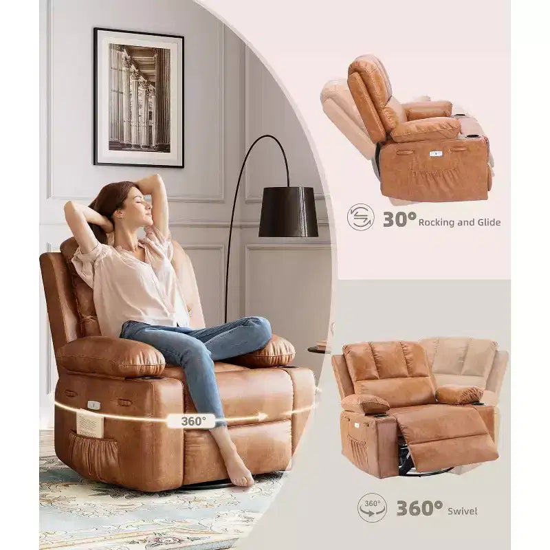 Fauteuil inclinable électrique Acekool avec chauffage et massage, fonction pivotante et bascule, port USB, porte-gobelets, poches latérales, siège extra-large, pour salon