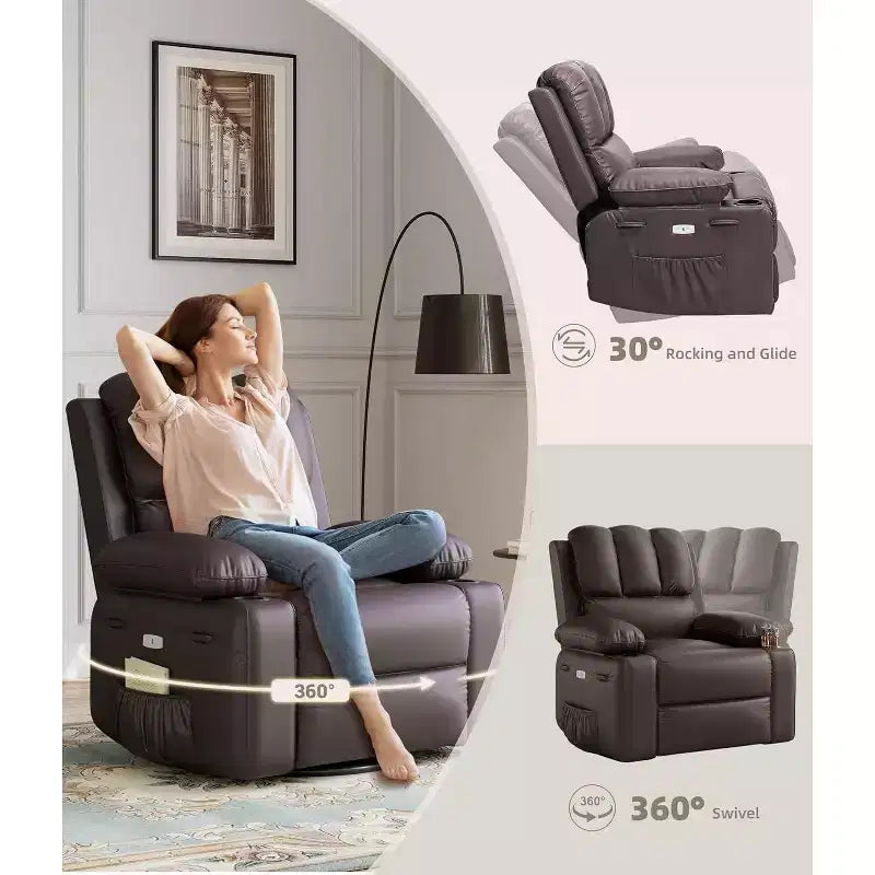 Fauteuil inclinable électrique Acekool avec chauffage et massage, fonction pivotante et bascule, port USB, porte-gobelets, poches latérales, siège extra-large, pour salon
