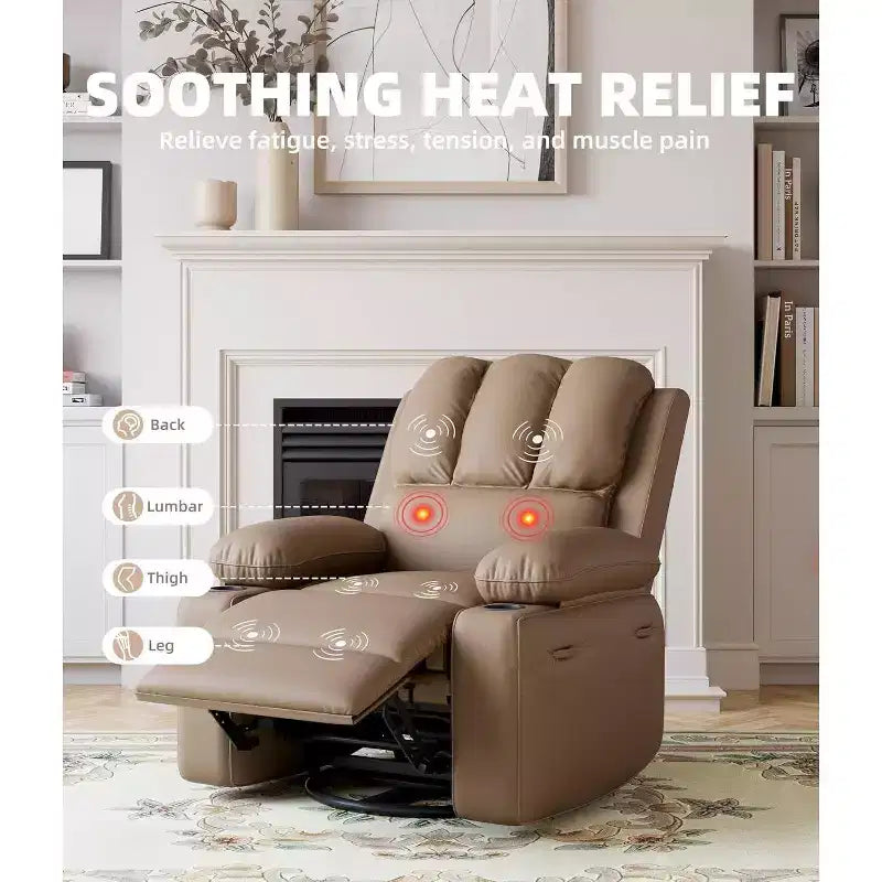 Fauteuil inclinable électrique Acekool avec chauffage et massage, fonction pivotante et bascule, port USB, porte-gobelets, poches latérales, siège extra-large, pour salon