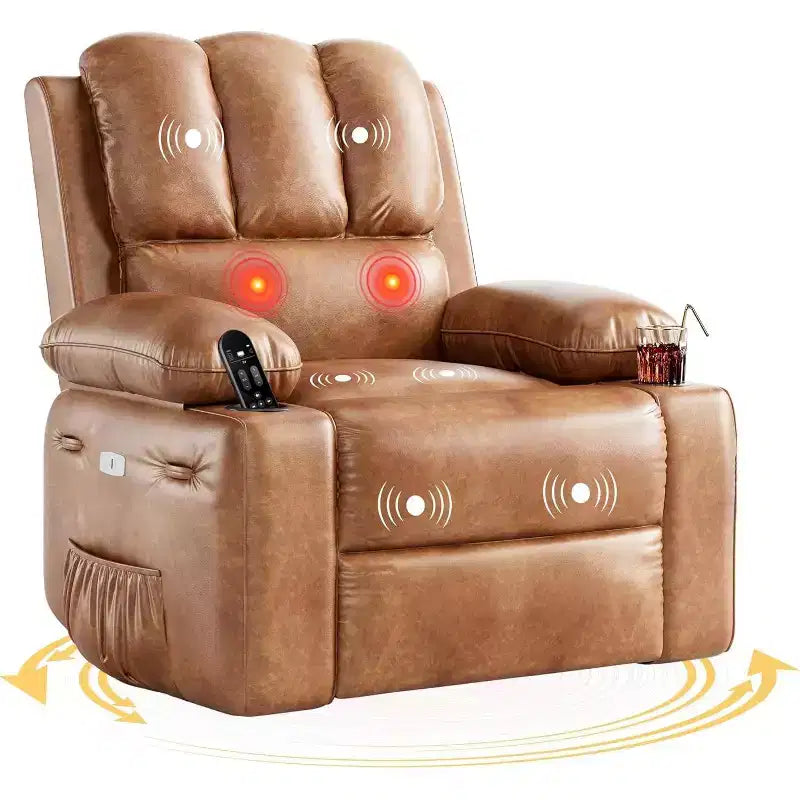 Fauteuil inclinable électrique Acekool avec chauffage et massage, fonction pivotante et bascule, port USB, porte-gobelets, poches latérales, siège extra-large, pour salon