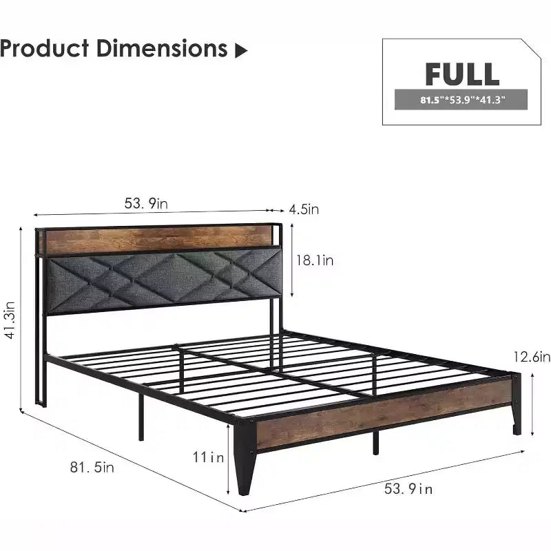 Cadre de lit King Size avec station de recharge, tête de lit capitonnée, plateforme en métal avec étagère de rangement, support à lattes métalliques, aucun sommier tapissier requis