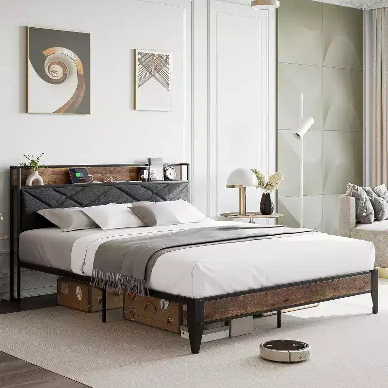 King Size Bed Frame with Charging Station, Button Tufted Headboard, Metal Platform with Storage Shelf, Metal Slats Support, No Box Spring Needed