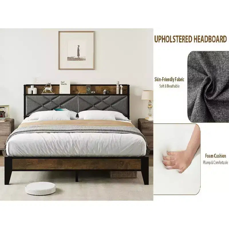 Cadre de lit King Size avec station de recharge, tête de lit capitonnée, plateforme en métal avec étagère de rangement, support à lattes métalliques, aucun sommier tapissier requis