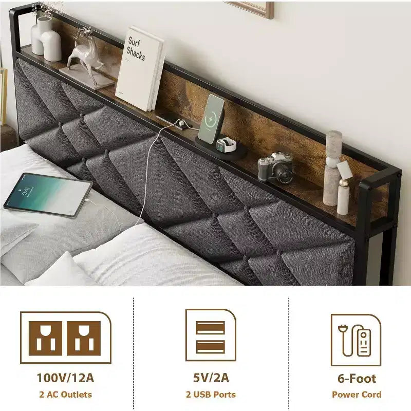 King Size Bed Frame with Charging Station, Button Tufted Headboard, Metal Platform with Storage Shelf, Metal Slats Support, No Box Spring Needed