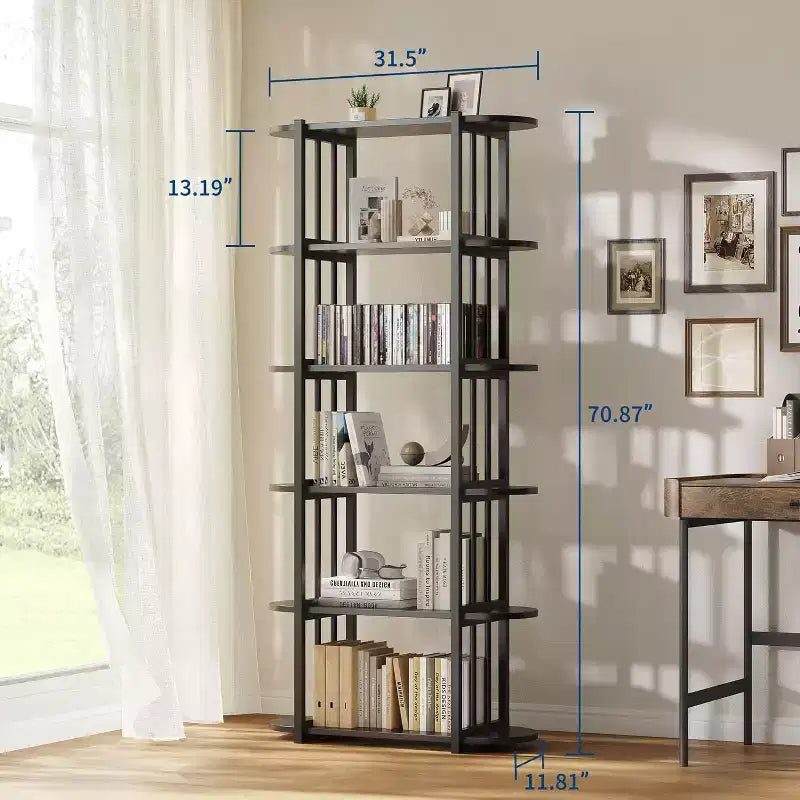 Book Shelf, 6 Tier Bookcase, Modern Tall Bookshelf for Garage Kit, CDs, Movies, Free Standing Industrial Corner Storage Organizer