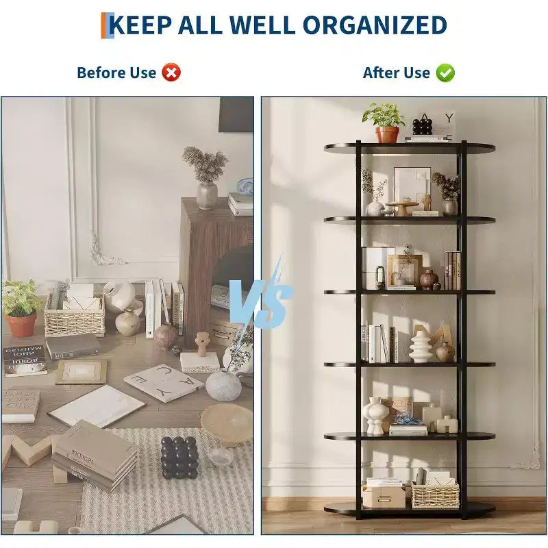 Book Shelf, 6 Tier Bookcase, Modern Tall Bookshelf for Garage Kit, CDs, Movies, Free Standing Industrial Corner Storage Organizer