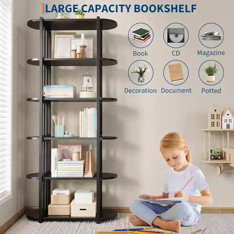 Book Shelf, 6 Tier Bookcase, Modern Tall Bookshelf for Garage Kit, CDs, Movies, Free Standing Industrial Corner Storage Organizer