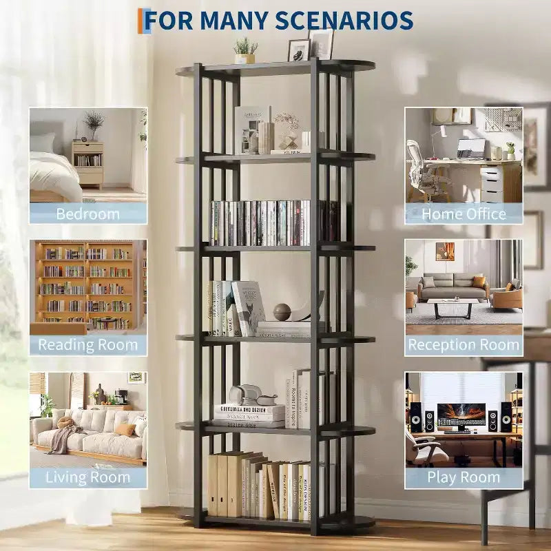 Book Shelf, 6 Tier Bookcase, Modern Tall Bookshelf for Garage Kit, CDs, Movies, Free Standing Industrial Corner Storage Organizer