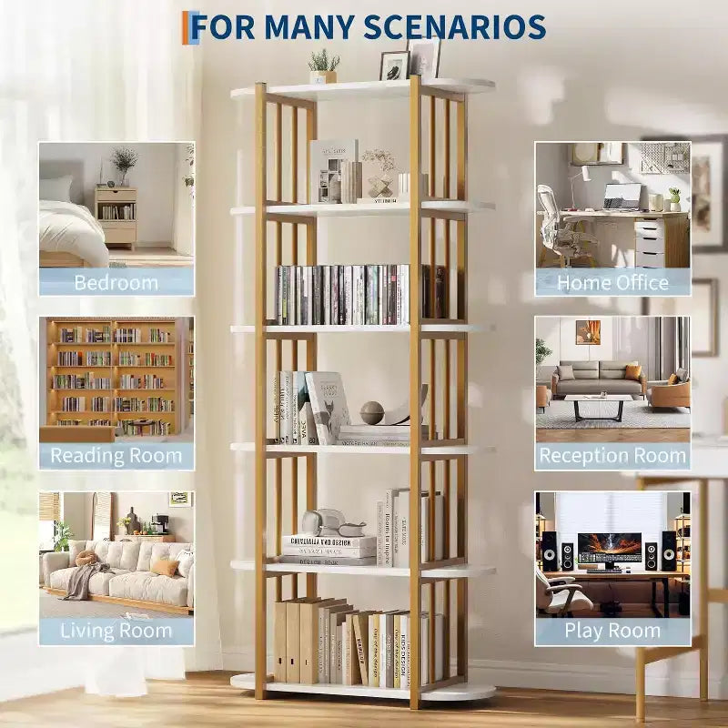 Book Shelf, 6 Tier Bookcase, Modern Tall Bookshelf for Garage Kit, CDs, Movies, Free Standing Industrial Corner Storage Organizer