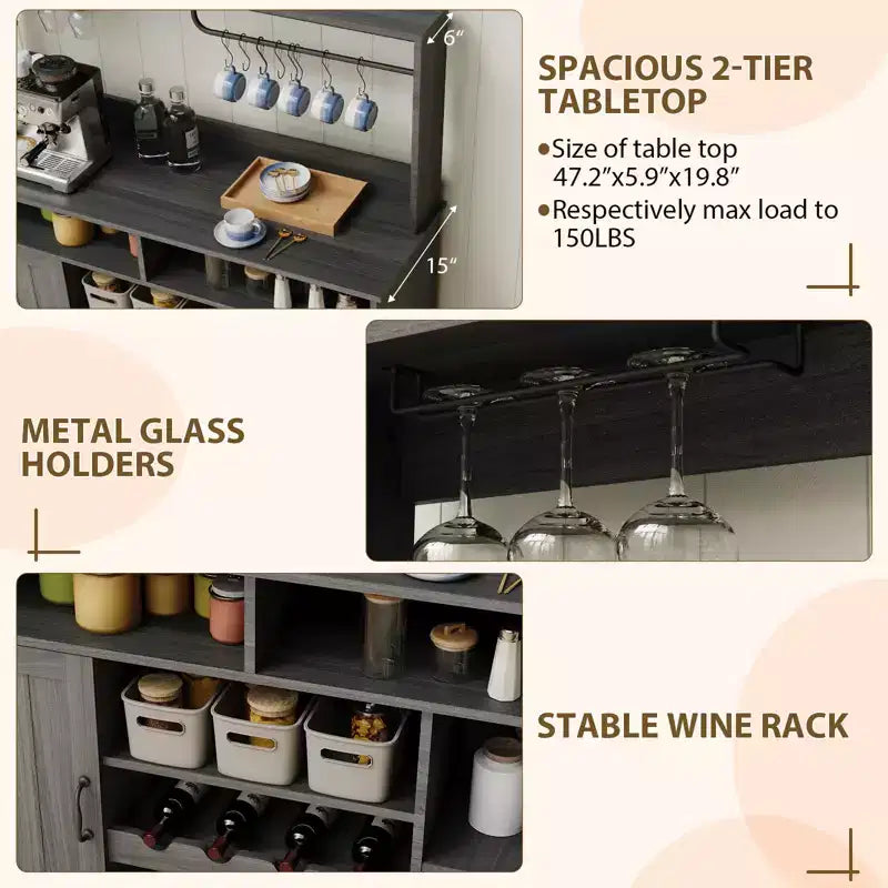 Meuble bar café de ferme en MDF avec prise de courant, porte-bouteilles, porte-verres et crochets pour salle à manger (Noir/Gris foncé)
