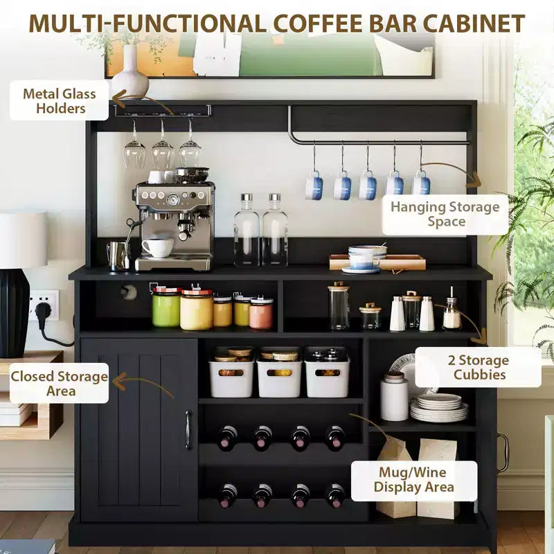 Meuble bar café de ferme en MDF avec prise de courant, porte-bouteilles, porte-verres et crochets pour salle à manger (Noir/Gris foncé)