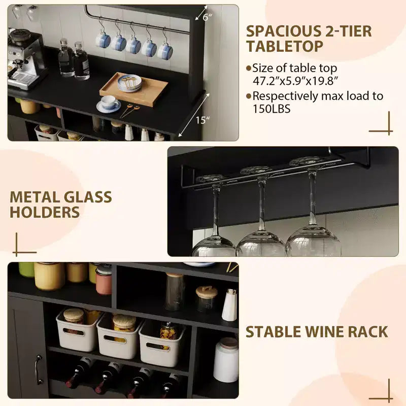 Meuble bar café de ferme en MDF avec prise de courant, porte-bouteilles, porte-verres et crochets pour salle à manger (Noir/Gris foncé)