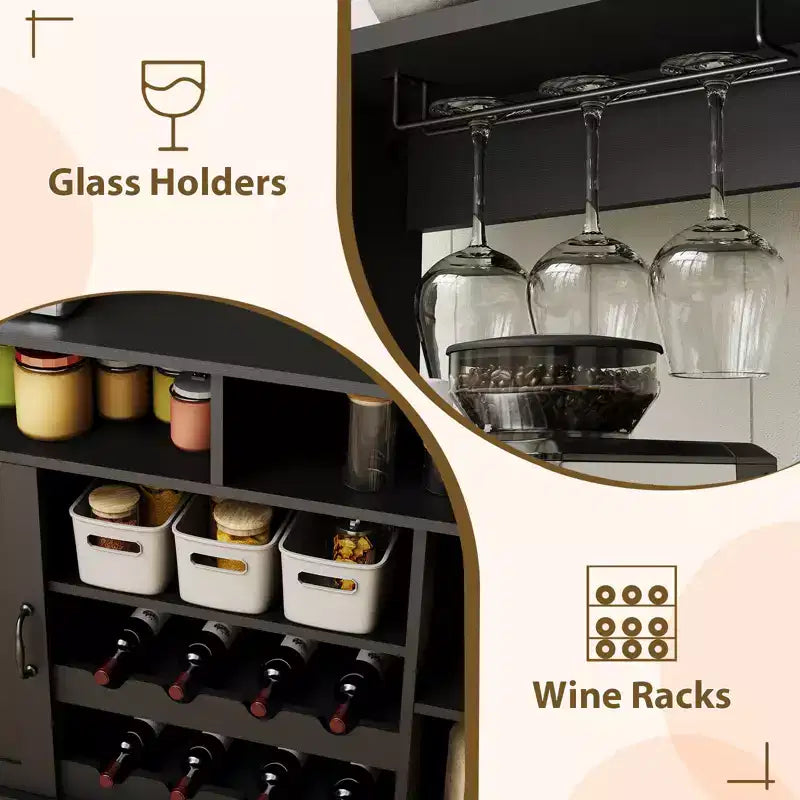 Meuble bar café de ferme en MDF avec prise de courant, porte-bouteilles, porte-verres et crochets pour salle à manger (Noir/Gris foncé)