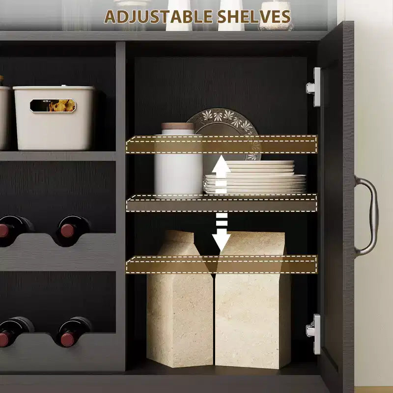 Meuble bar café de ferme en MDF avec prise de courant, porte-bouteilles, porte-verres et crochets pour salle à manger (Noir/Gris foncé)