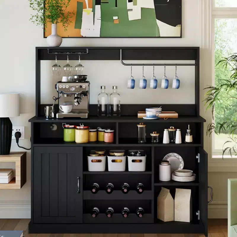 47 Farmhouse MDF Coffee Bar Cabinet with Power Outlet - Wine Rack, Glass Holder & Hooks for Dining Room (Black/Dark Gray)