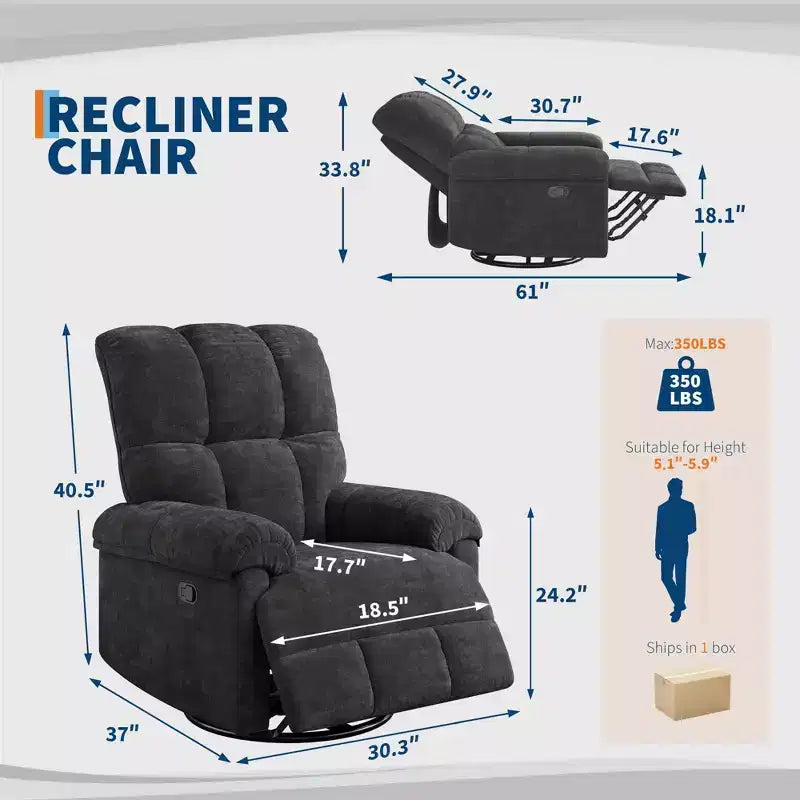 Fauteuil inclinable manuel Acekool, fauteuil inclinable pivotant et coulissant à 360° avec accoudoirs rembourrés, fauteuil moderne en chenille