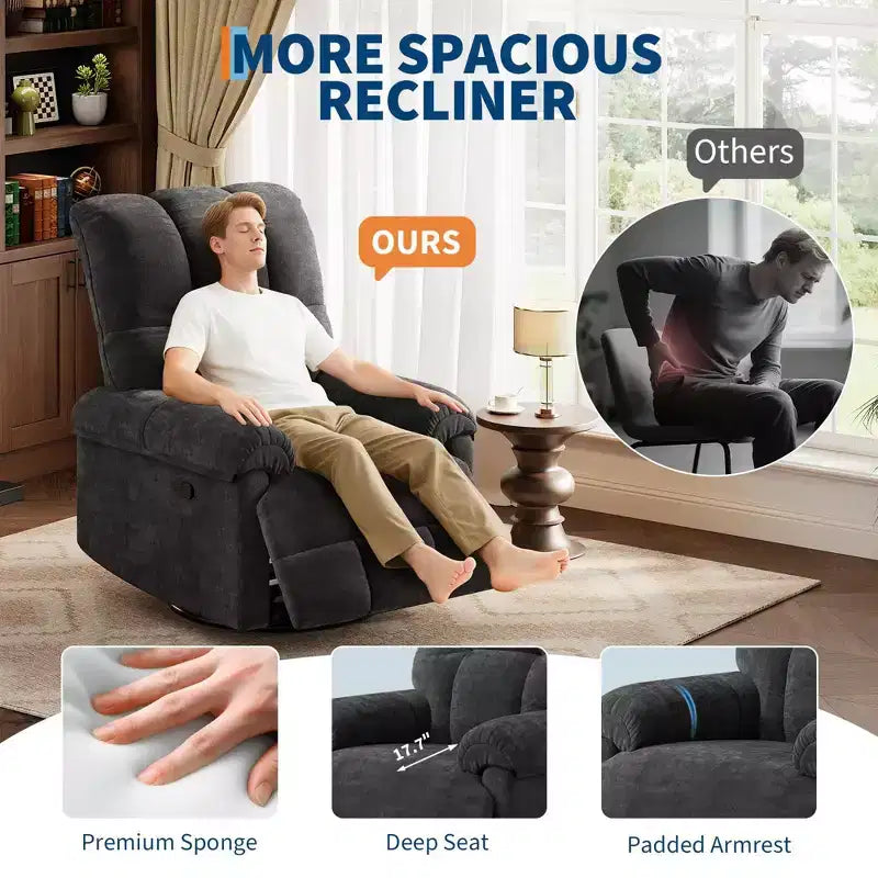 Fauteuil inclinable manuel Acekool, fauteuil inclinable pivotant et coulissant à 360° avec accoudoirs rembourrés, fauteuil moderne en chenille