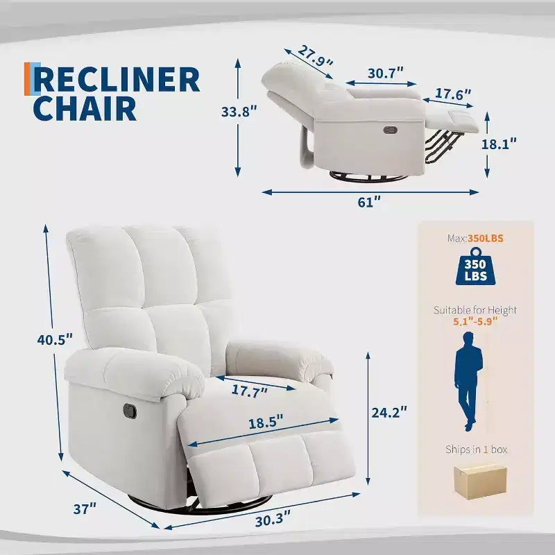 Fauteuil inclinable manuel Acekool, fauteuil inclinable pivotant et coulissant à 360° avec accoudoirs rembourrés, fauteuil moderne en chenille