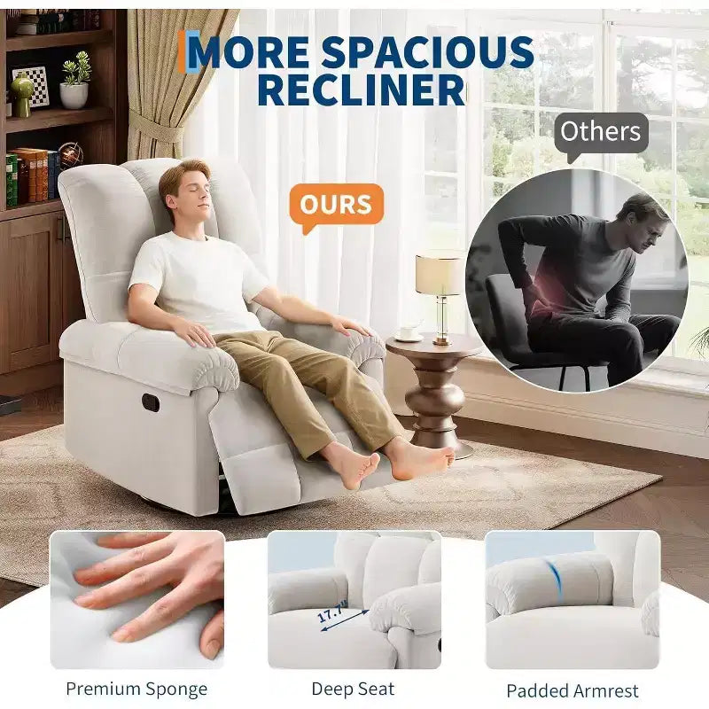Fauteuil inclinable manuel Acekool, fauteuil inclinable pivotant et coulissant à 360° avec accoudoirs rembourrés, fauteuil moderne en chenille
