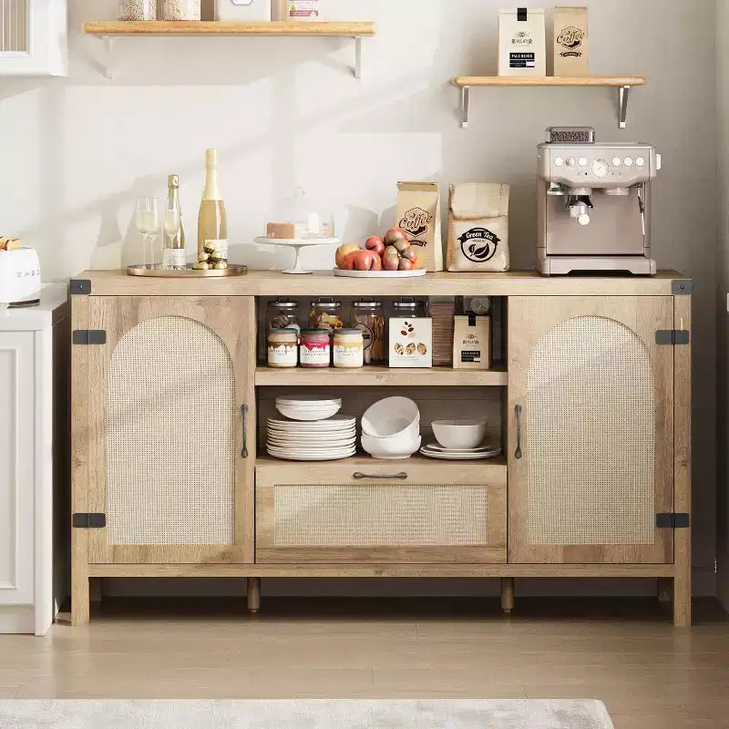 Kitchen Coffee Bar Cabinet with Doors and Drawer, Boho Farmhouse Sideboard with Adjustable Shelves and Handle for Kitchen, Living Room, Natural