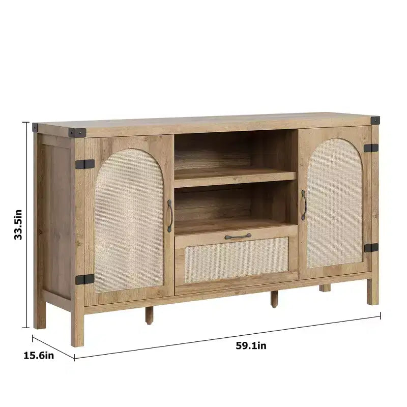 Kitchen Coffee Bar Cabinet with Doors and Drawer, Boho Farmhouse Sideboard with Adjustable Shelves and Handle for Kitchen, Living Room, Natural