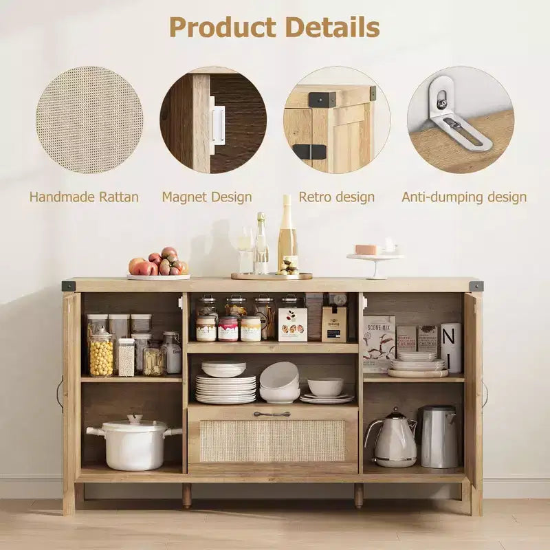 Kitchen Coffee Bar Cabinet with Doors and Drawer, Boho Farmhouse Sideboard with Adjustable Shelves and Handle for Kitchen, Living Room, Natural