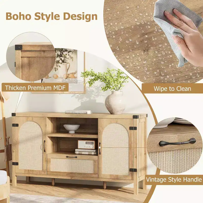 Kitchen Coffee Bar Cabinet with Doors and Drawer, Boho Farmhouse Sideboard with Adjustable Shelves and Handle for Kitchen, Living Room, Natural