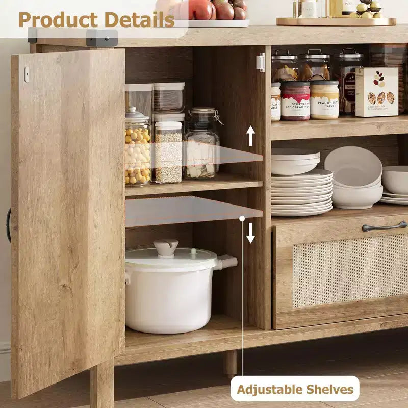 Kitchen Coffee Bar Cabinet with Doors and Drawer, Boho Farmhouse Sideboard with Adjustable Shelves and Handle for Kitchen, Living Room, Natural