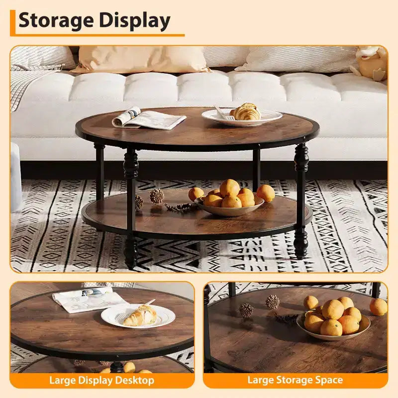 Table basse ronde de salon 87 cm, table centrale circulaire rustique avec étagère de rangement, table basse moderne à 2 niveaux en bois, assemblage facile (marron)