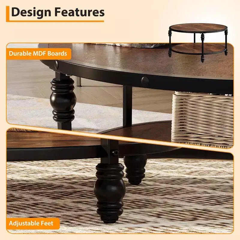Table basse ronde de salon 87 cm, table centrale circulaire rustique avec étagère de rangement, table basse moderne à 2 niveaux en bois, assemblage facile (marron)