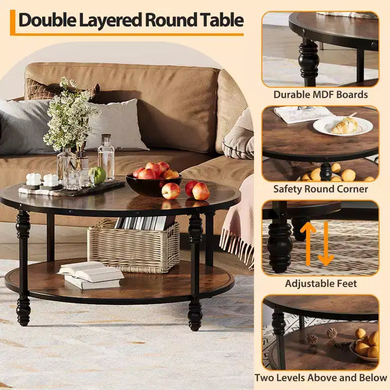 Table basse ronde de salon 87 cm, table centrale circulaire rustique avec étagère de rangement, table basse moderne à 2 niveaux en bois, assemblage facile (marron)