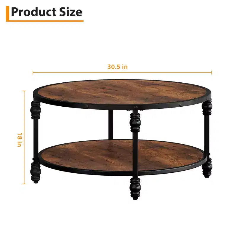 Table basse ronde de salon 87 cm, table centrale circulaire rustique avec étagère de rangement, table basse moderne à 2 niveaux en bois, assemblage facile (marron)