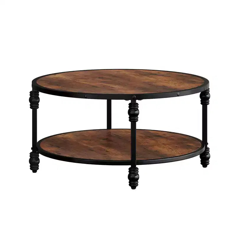 Table basse ronde de salon 87 cm, table centrale circulaire rustique avec étagère de rangement, table basse moderne à 2 niveaux en bois, assemblage facile (marron)