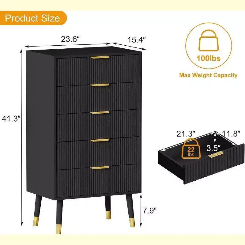Acekool 5 Drawer Dresser for Bedroom, Modern Chest of Drawers, Wood Storage Cabinet Organizer Nightstand for Closet Living Room, Black