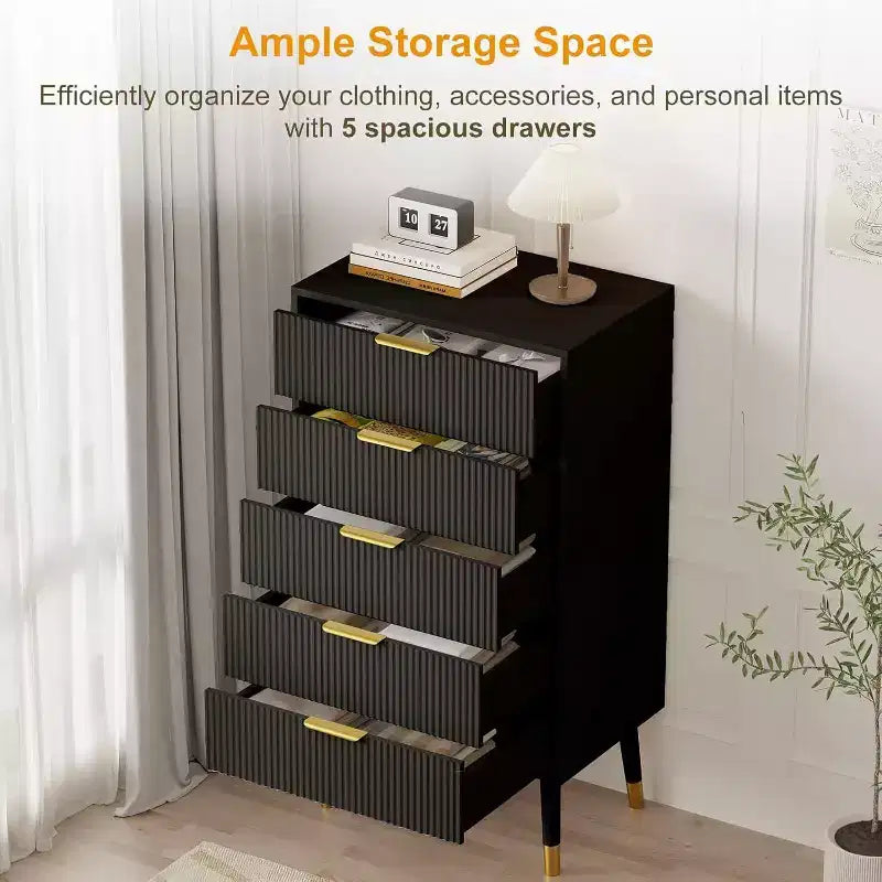 Acekool 5 Drawer Dresser for Bedroom, Modern Chest of Drawers, Wood Storage Cabinet Organizer Nightstand for Closet Living Room, Black