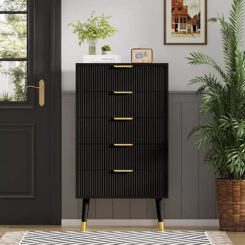 Acekool 5 Drawer Dresser for Bedroom, Modern Chest of Drawers, Wood Storage Cabinet Organizer Nightstand for Closet Living Room, Black