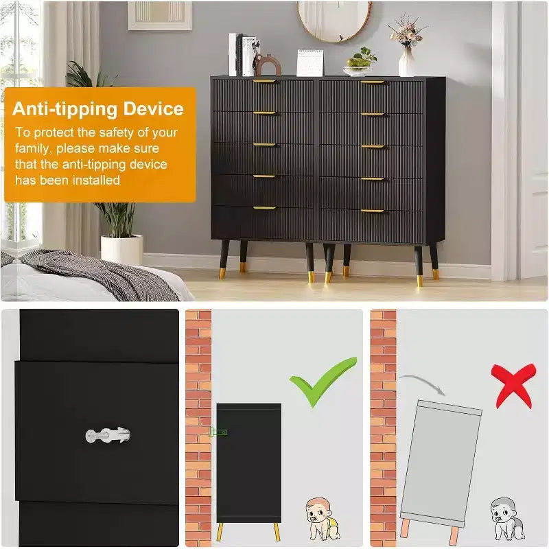 Acekool 5 Drawer Dresser for Bedroom, Modern Chest of Drawers, Wood Storage Cabinet Organizer Nightstand for Closet Living Room, Black