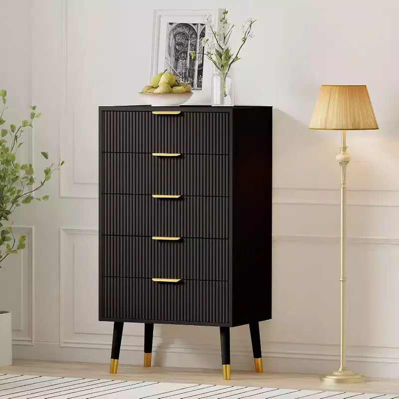 Acekool 5 Drawer Dresser for Bedroom, Modern Chest of Drawers, Wood Storage Cabinet Organizer Nightstand for Closet Living Room, Black