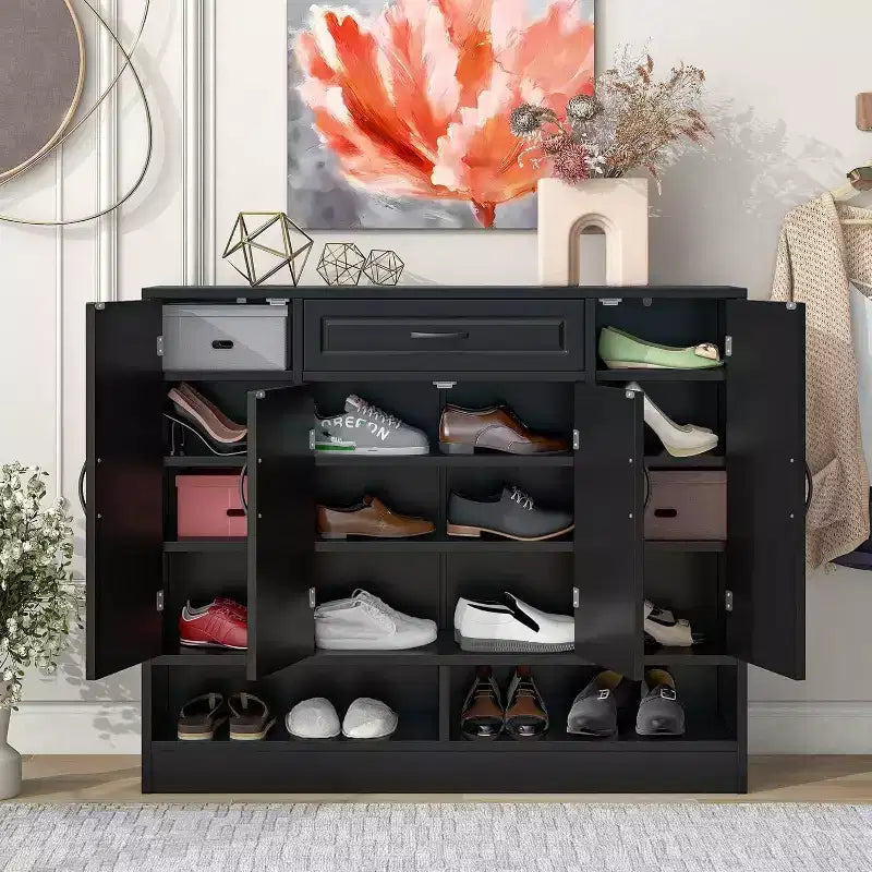 Acekool Shoe Storage Cabinet with Adjustable Shelves, Entryway Organizer with Drawer & Doors, Modern Shoe Rack for Hallway, Bedroom, White