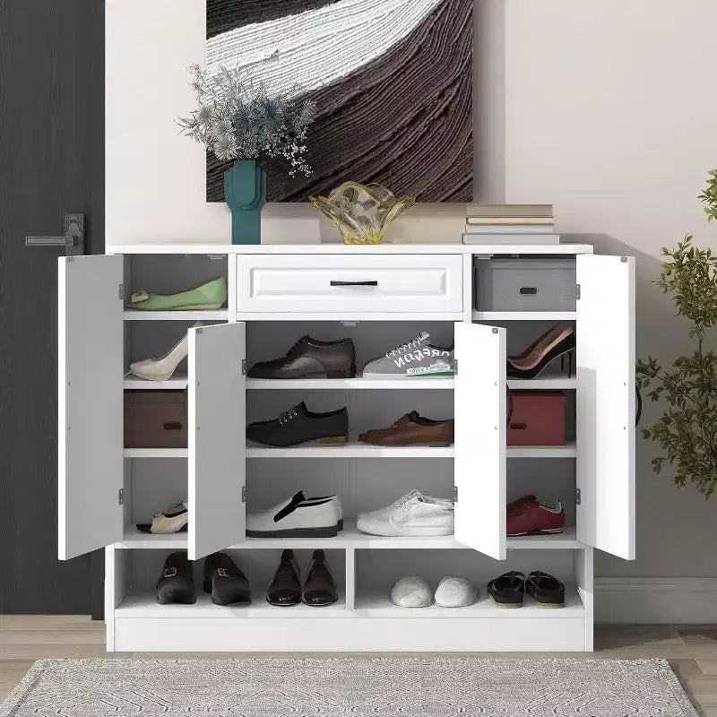 Acekool Shoe Storage Cabinet with Adjustable Shelves, Entryway Organizer with Drawer & Doors, Modern Shoe Rack for Hallway, Bedroom, White