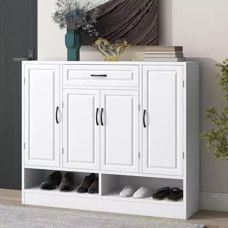 Acekool Shoe Storage Cabinet with Adjustable Shelves, Entryway Organizer with Drawer & Doors, Modern Shoe Rack for Hallway, Bedroom, White
