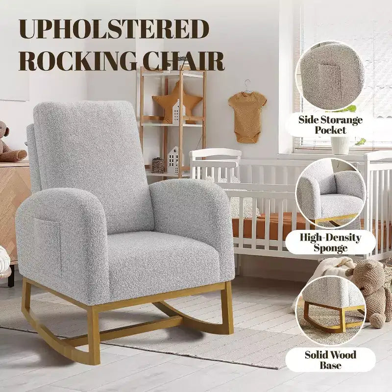 Acekool Upholstered Glider Rocking Chair for Nursery & Living Room, High Back with Side Pocket, Smooth Rock & Glide