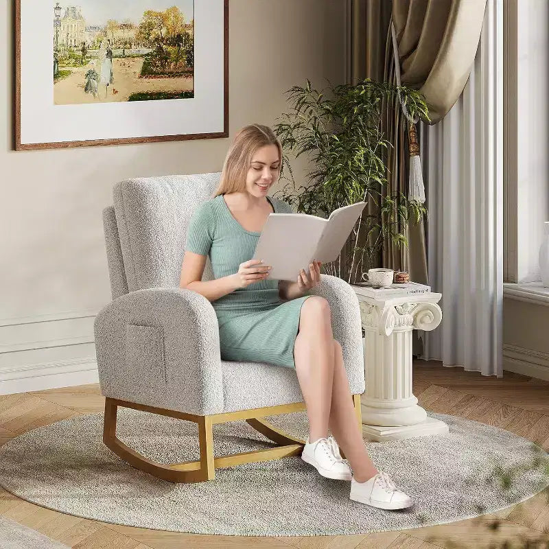 Acekool Upholstered Glider Rocking Chair for Nursery & Living Room, High Back with Side Pocket, Smooth Rock & Glide