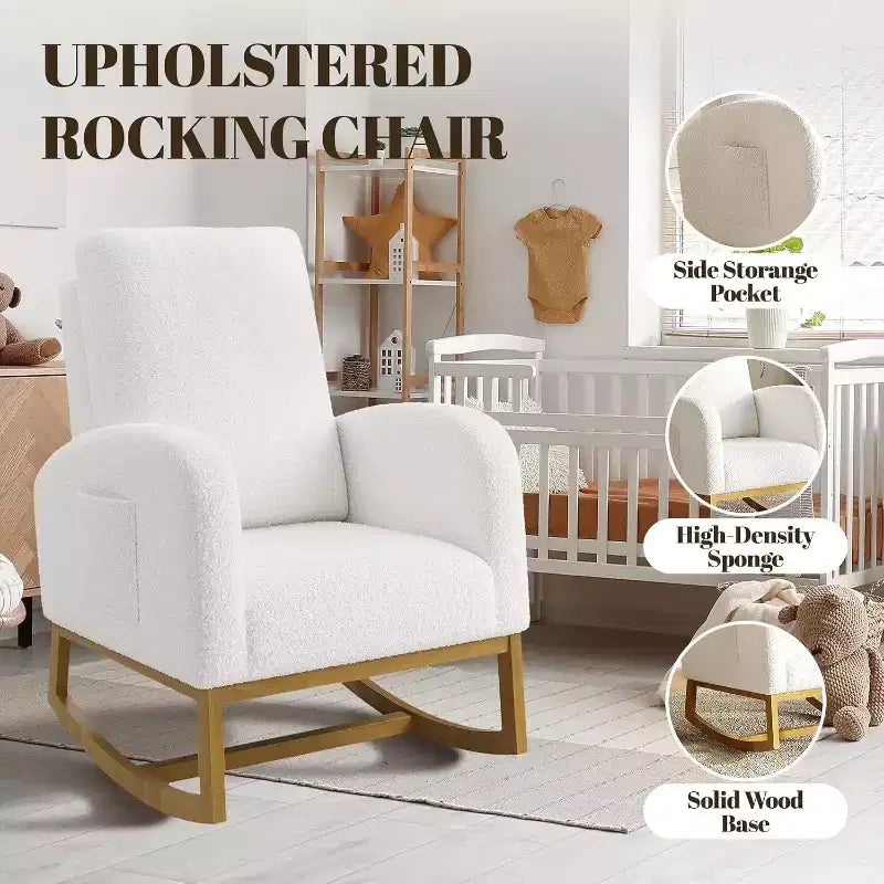Acekool Upholstered Glider Rocking Chair for Nursery & Living Room, High Back with Side Pocket, Smooth Rock & Glide