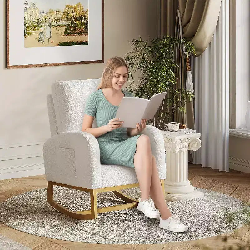 Acekool Upholstered Glider Rocking Chair for Nursery & Living Room, High Back with Side Pocket, Smooth Rock & Glide