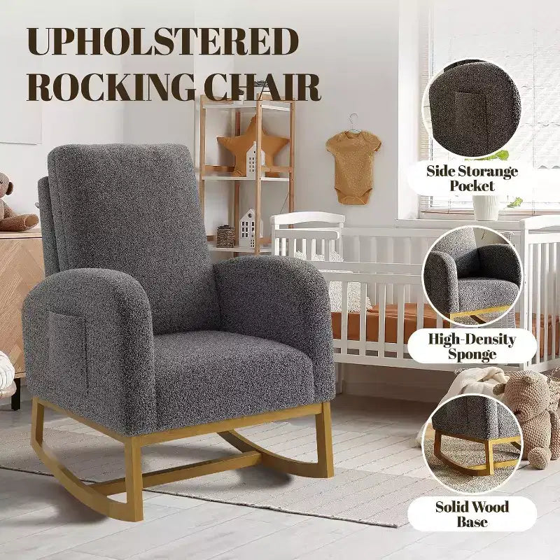 Acekool Upholstered Glider Rocking Chair for Nursery & Living Room, High Back with Side Pocket, Smooth Rock & Glide