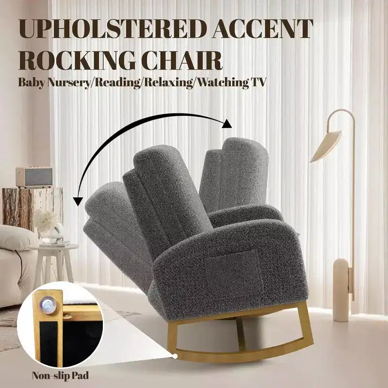 Acekool Upholstered Glider Rocking Chair for Nursery & Living Room, High Back with Side Pocket, Smooth Rock & Glide